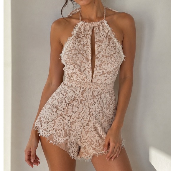 DO+BE Pants - DO+BE Floral Lace Halter Romper Keyhole Eyelash Trim Beige White lace  gf